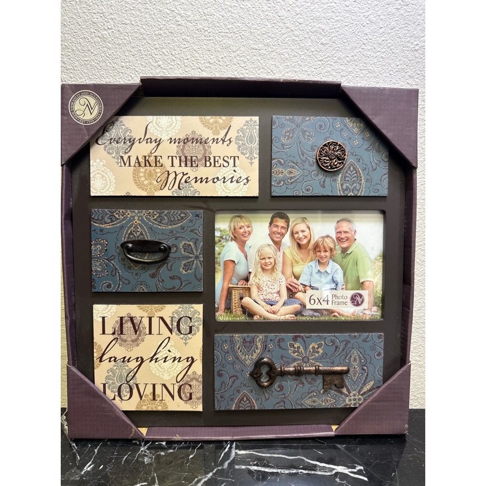 New View 6x4 Photo Frame Living Laughing Loving Rustic Blue‎ Damask Wall Decor